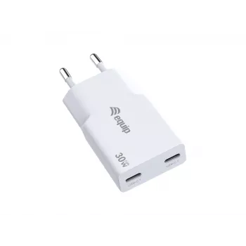 EQUIP 2-poorts 30W GaN slanke USB-C PD lader — 2 USB-C aansluitingen, ingang 100–240 V, max. 20 V uitgang, wit