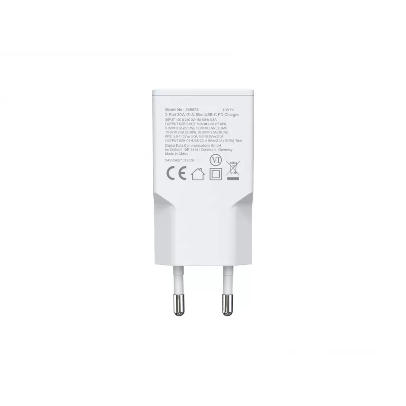 EQUIP 2-poorts 30W GaN slanke USB-C PD lader — 2 USB-C aansluitingen, ingang 100–240 V, max. 20 V uitgang, wit