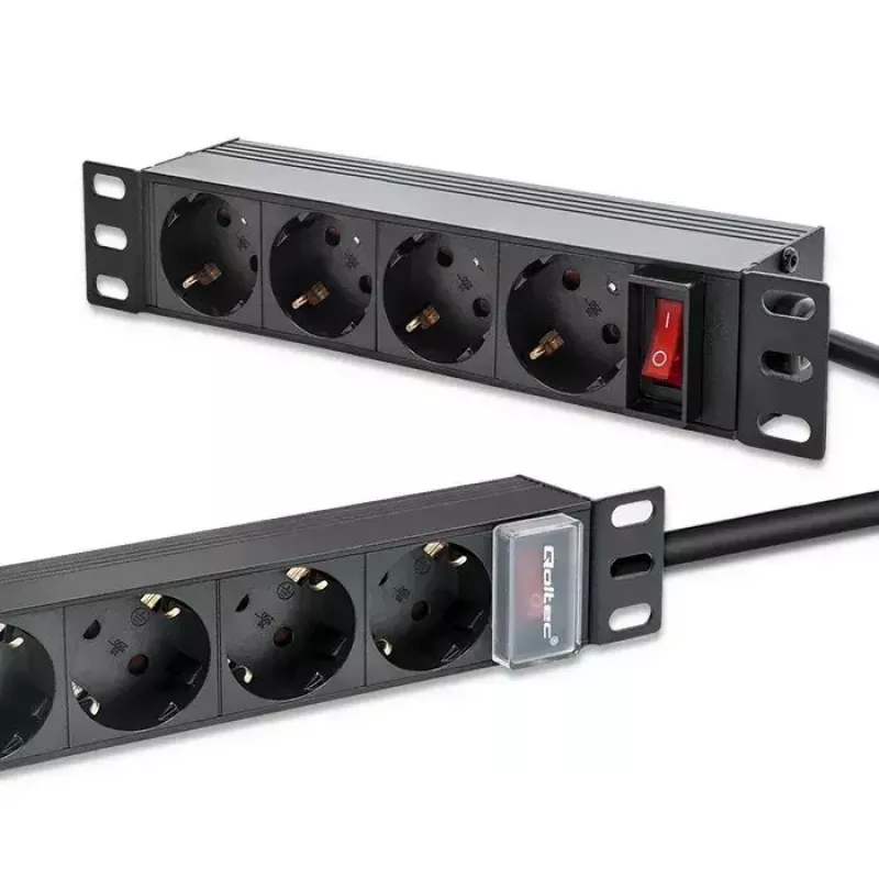 Stopcontactdoos QOLTEC 54603 — 1U rack-monteerbaar, 16A ingang, 4× randaarde stopcontacten