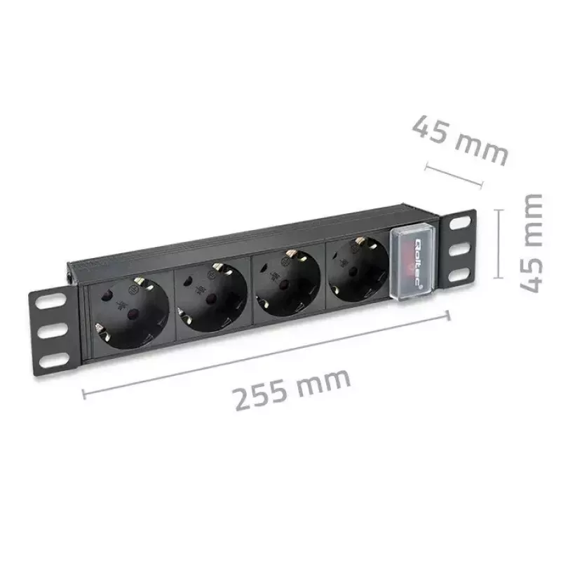 Stopcontactdoos QOLTEC 54603 — 1U rack-monteerbaar, 16A ingang, 4× randaarde stopcontacten