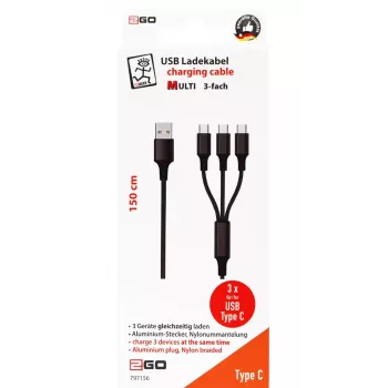 USB-kabel 2GO 797156 1,5 m USB B 3 x USB C zwart