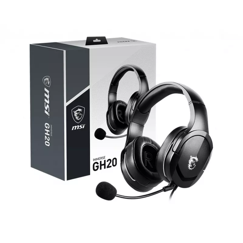 MSI IMMERSE GH20 gaming-headset '3,5-mm-inline met audio-splitter-accessoire, zwart, 40-mm-drivers, unidirectionele microfoon, pc- en platformonafhankelijke compatibiliteit'