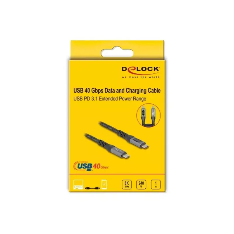 DeLOCK USB 40 Gbps data- en snellaad-coaxkabel 1 m USB PD 3.1 240 W