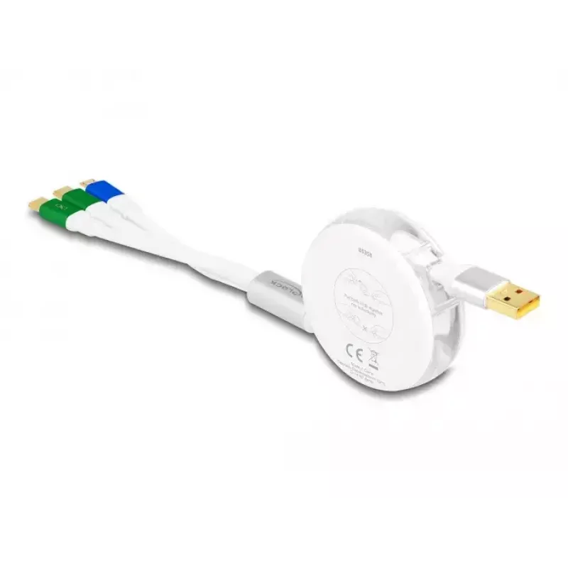 DeLOCK USB 3-in-1 oprolbare laadkabel Type-A naar Micro USB / 2 x USB Type-C snelladen 1,13 m