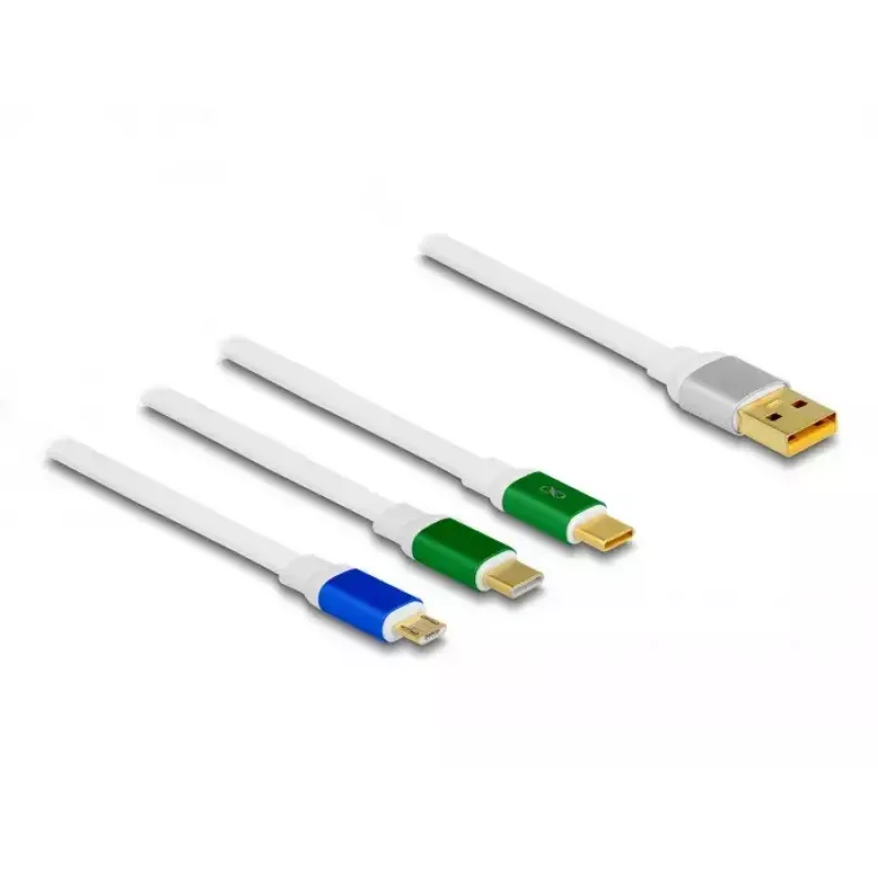 DeLOCK USB 3-in-1 oprolbare laadkabel Type-A naar Micro USB / 2 x USB Type-C snelladen 1,13 m