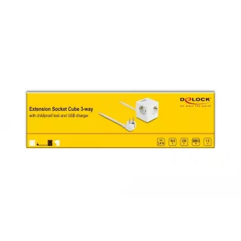 DeLOCK 11497 3-voudige stopcontactkubus met 1,5 m verlengkabel, USB-lader, kinderbeveiliging, wit