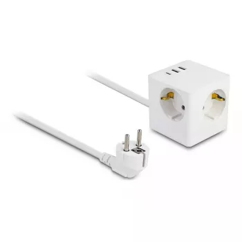 DeLOCK 11497 3-voudige stopcontactkubus met 1,5 m verlengkabel, USB-lader, kinderbeveiliging, wit
