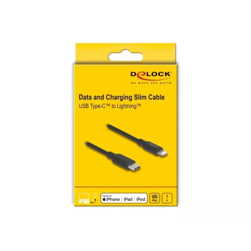 Kabel DELOCK USB-C naar Lightning slank 1 m, Lightning ↔ USB-C, 9 V 3 A, 3,3 mm, MFi