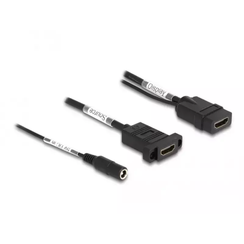 DeLOCK HDMI-kabel 4K 60 Hz met DC-voeding 2,1 x 5,5 mm 0,30 m paneelmontage