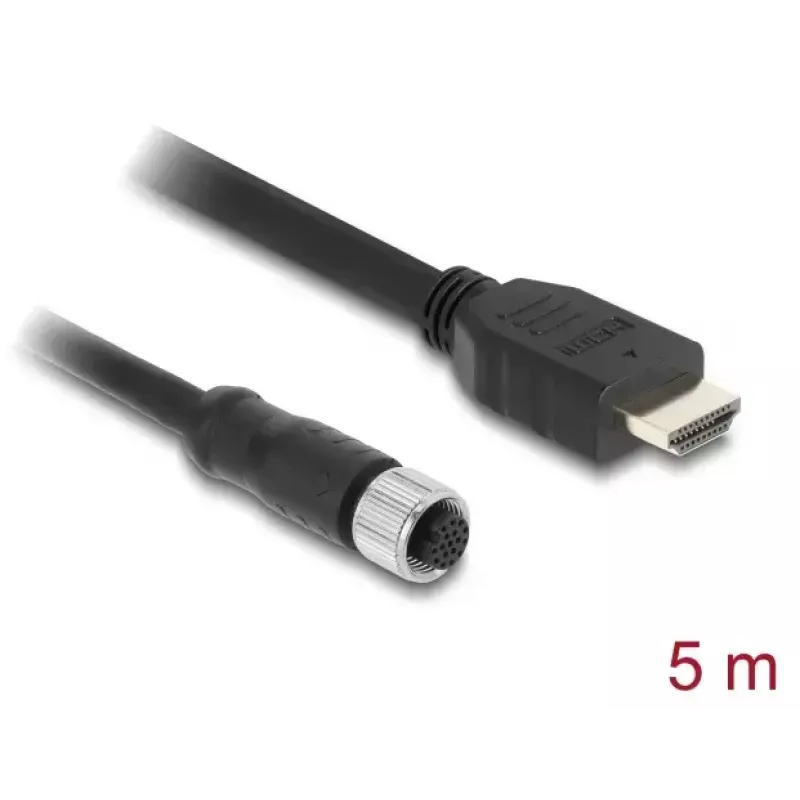Kabel DELOCK M12 A-gecodeerd 17-polige bus naar HDMI-stekker 5 m zwart