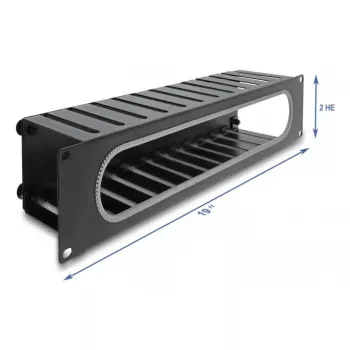 Kabelmanagementblende DELOCK 67279 — 2U stalen rackaccessoire, zwart, opening met kantbescherming