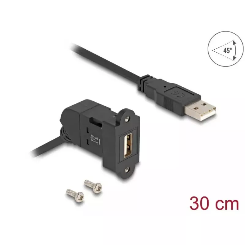 DeLOCK USB 2.0 Type-A paneelmontage bus 45° haaks naar Type-A stekker 30 cm kabel zwart