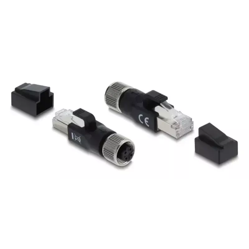 DELOCK M12 D-gecodeerde adapter 4-polig bus naar RJ45 stekker, goudcontacten, zwart