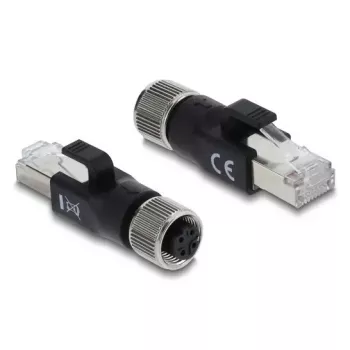 DELOCK M12 D-gecodeerde adapter 4-polig bus naar RJ45 stekker, goudcontacten, zwart