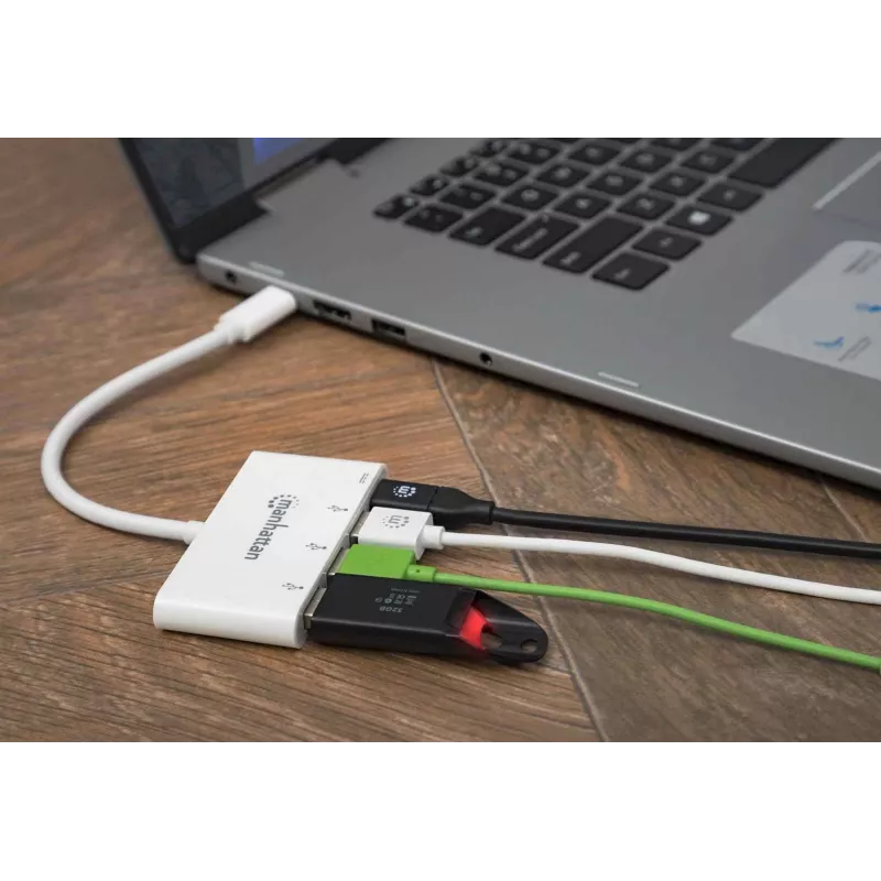 Manhattan 163552 USB 3.0-hub, 4 poorten (3x USB-A, 1x USB-C), met USB-C Power Delivery-poort