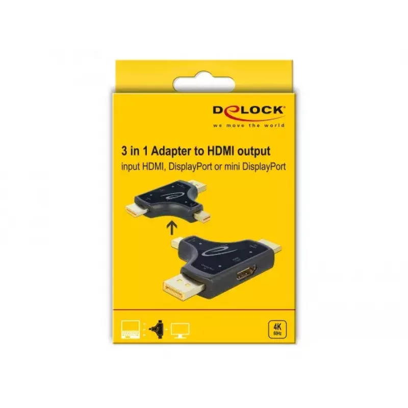 DeLOCK 64059 3-in-1 monitoradapter, HDMI / DisplayPort / mini DisplayPort-ingang naar HDMI-uitgang, 4K 60 Hz, zwart