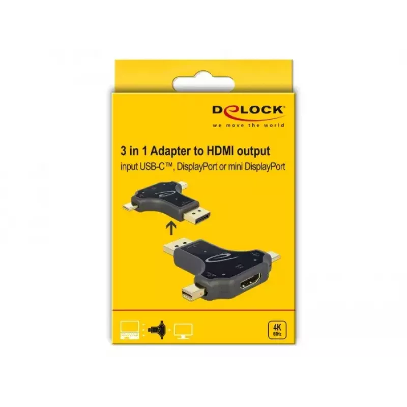 DeLOCK 64060 3-in-1 monitoradapter, USB-C / DisplayPort / mini DisplayPort-ingang naar HDMI-uitgang, 4K 60 Hz, zwart
