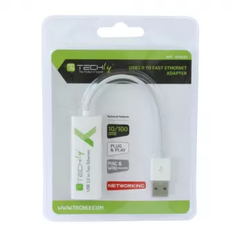 Techly USB2.0 naar Fast Ethernet 10/100 Mbit/s converter, bekabeld, USB, Ethernet, 100 Mbit/s, wit