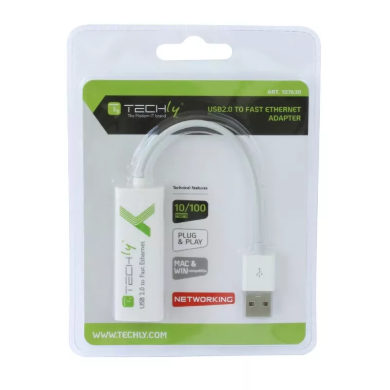 Techly USB2.0 naar Fast Ethernet 10/100 Mbit/s converter, bekabeld, USB, Ethernet, 100 Mbit/s, wit