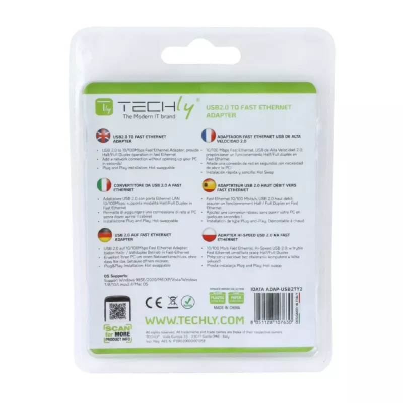 Techly USB2.0 naar Fast Ethernet 10/100 Mbit/s converter, bekabeld, USB, Ethernet, 100 Mbit/s, wit