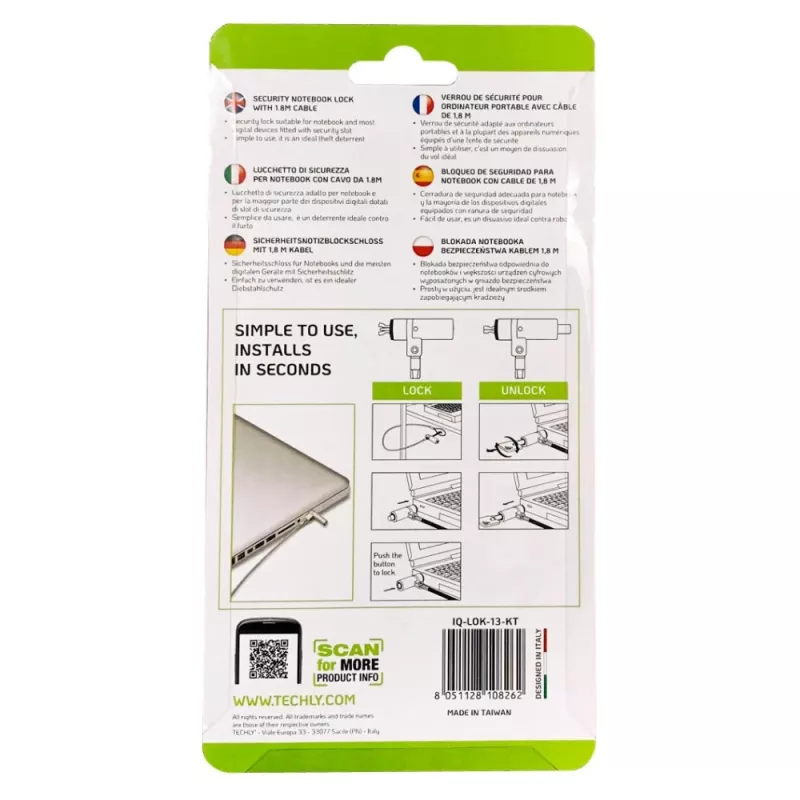Techly Wedge-Lock beveiligingssysteem slot voor notebookkabel 1,8 m