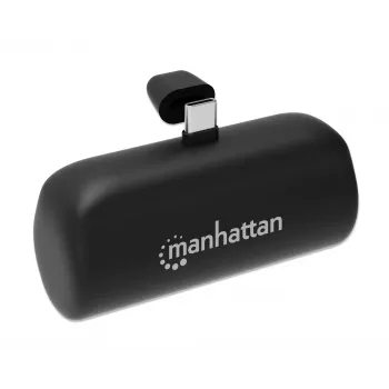 Manhattan powerbank met geïntegreerde USB-C stekker, 5000 mAh, tot 20 W uitgangsvermogen, kickstand voor gebruik als oplaadbare telefoonhouder, zwart, een jaar garantie