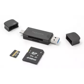 Kaartlezer DELOCK USB 5 Gbps USB Type-C / Type-A voor SD en MicroSD, zwart, 5000 Mbit/s, 21×77×10 mm