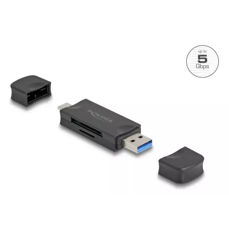 Kaartlezer DELOCK USB 5 Gbps USB Type-C / Type-A voor SD en MicroSD, zwart, 5000 Mbit/s, 21×77×10 mm