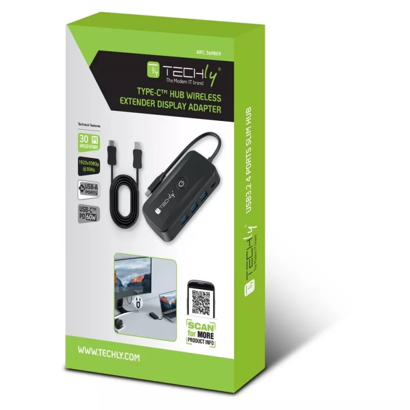 Techly IDATA USBC-HUB5WL AV-extender AV-zender & -ontvanger zwart