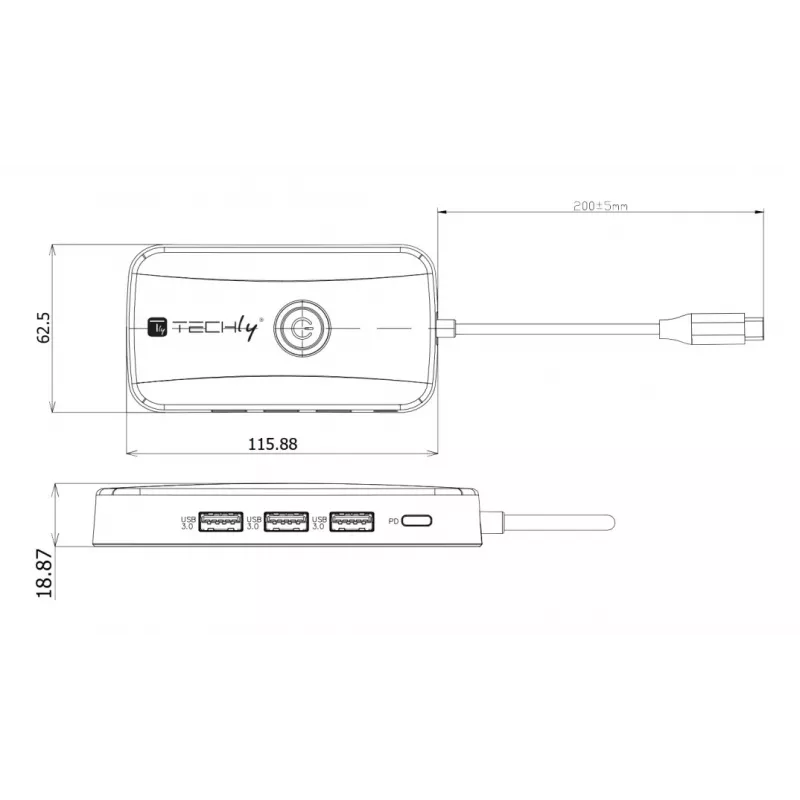 Techly IDATA USBC-HUB5WL AV-extender AV-zender & -ontvanger zwart