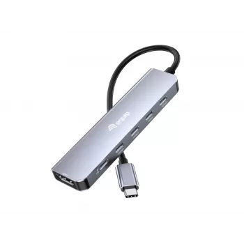 EQUIP USB-C 6-in-1 multifunctionele adapter — HDMI 4K/60Hz, 4× USB-C Gen2 (10Gbps), 100W PD, 0,25 m kabel, grijs