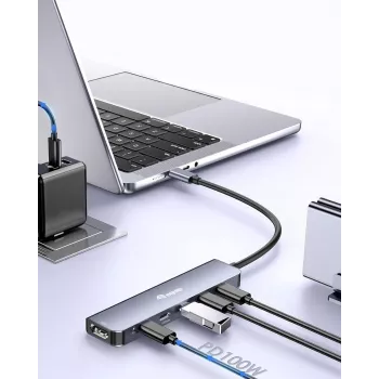 EQUIP USB-C 6-in-1 multifunctionele adapter — HDMI 4K/60Hz, 4× USB-C Gen2 (10Gbps), 100W PD, 0,25 m kabel, grijs