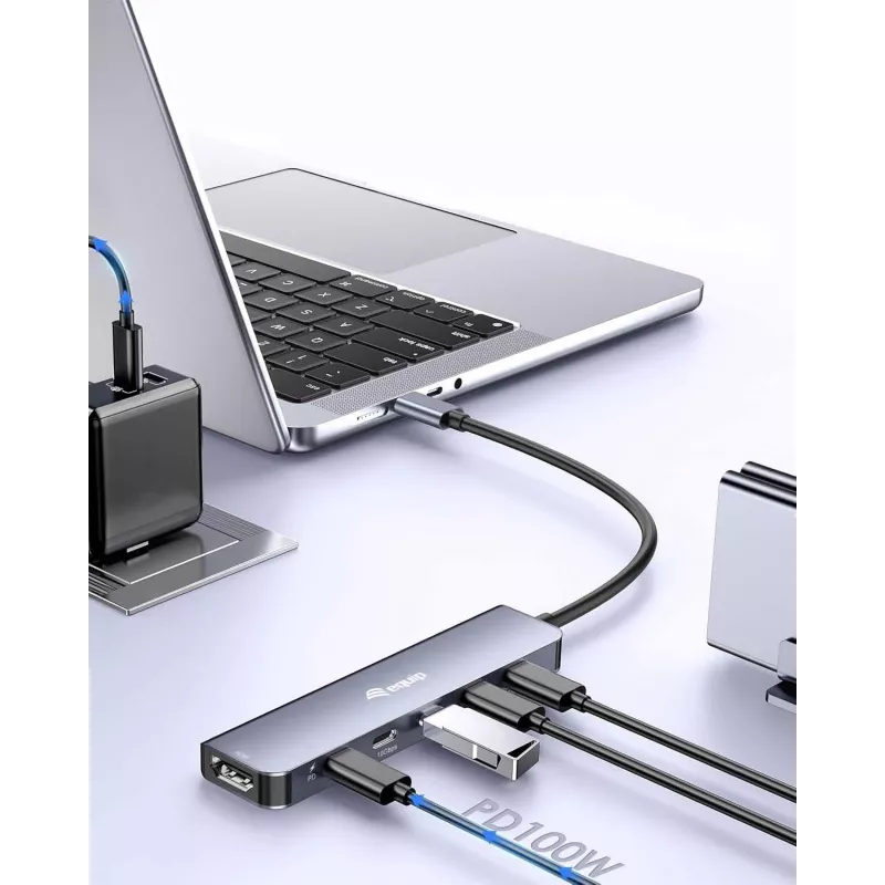 EQUIP USB-C 6-in-1 multifunctionele adapter — HDMI 4K/60Hz, 4× USB-C Gen2 (10Gbps), 100W PD, 0,25 m kabel, grijs