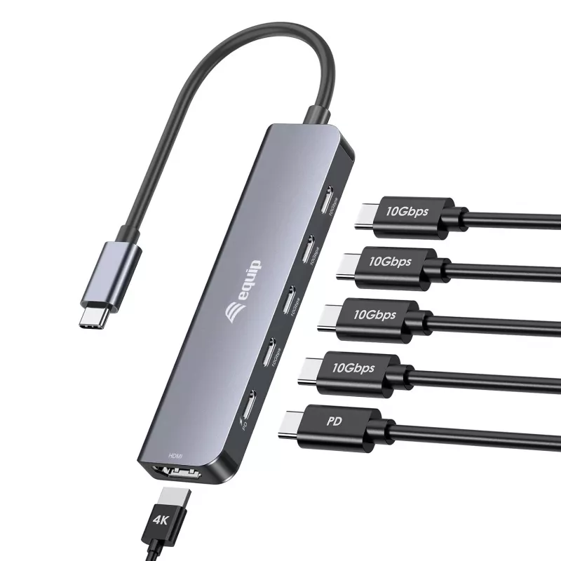 EQUIP USB-C 6-in-1 multifunctionele adapter — HDMI 4K/60Hz, 4× USB-C Gen2 (10Gbps), 100W PD, 0,25 m kabel, grijs