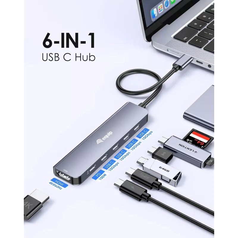 EQUIP USB-C 6-in-1 multifunctionele adapter — HDMI 4K/60Hz, 4× USB-C Gen2 (10Gbps), 100W PD, 0,25 m kabel, grijs
