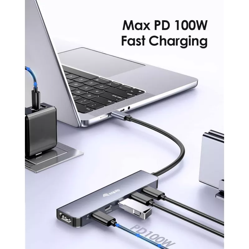 EQUIP USB-C 6-in-1 multifunctionele adapter — HDMI 4K/60Hz, 4× USB-C Gen2 (10Gbps), 100W PD, 0,25 m kabel, grijs