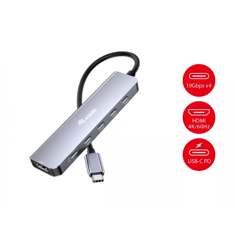 EQUIP USB-C 6-in-1 multifunctionele adapter — HDMI 4K/60Hz, 4× USB-C Gen2 (10Gbps), 100W PD, 0,25 m kabel, grijs