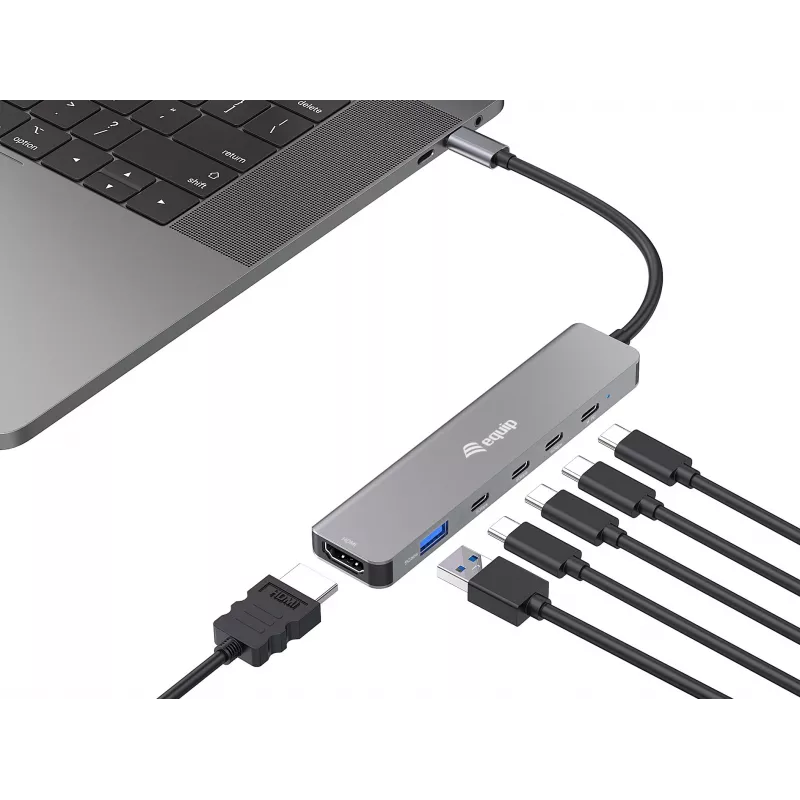 Equip USB-C 6-in-1 multifunctionele adapter, HDMI 4K/30Hz, USB-C x4, USB-A x1, 5Gbps, 100W USB PD
