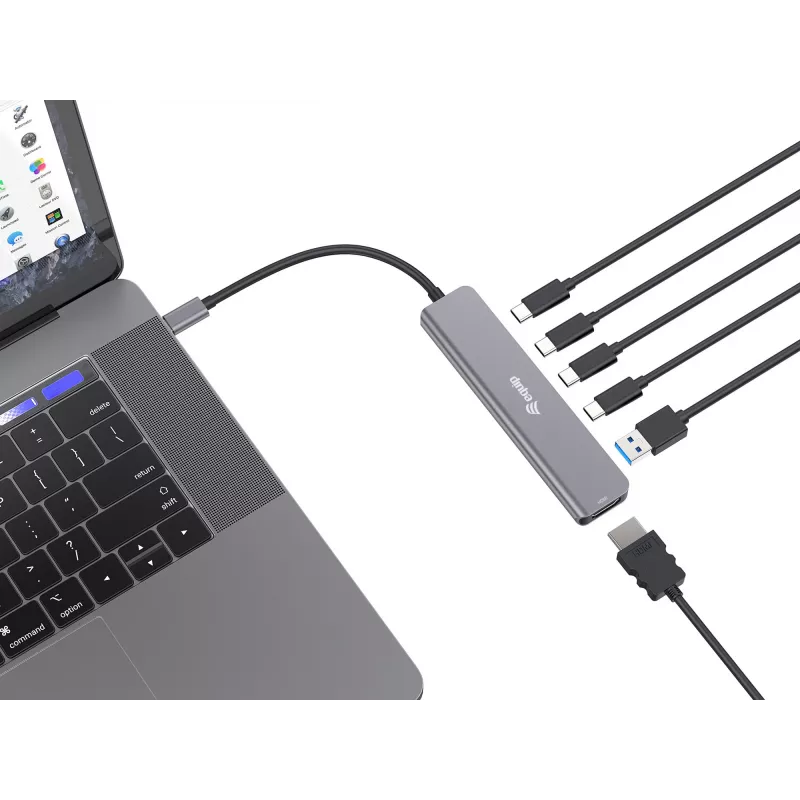 Equip USB-C 6-in-1 multifunctionele adapter, HDMI 4K/30Hz, USB-C x4, USB-A x1, 5Gbps, 100W USB PD
