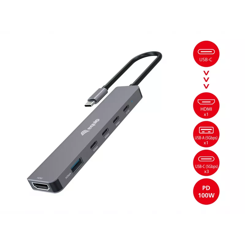 Equip USB-C 6-in-1 multifunctionele adapter, HDMI 4K/30Hz, USB-C x4, USB-A x1, 5Gbps, 100W USB PD