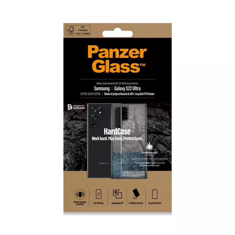 PanzerGlass 0373 HardCase voor Samsung Galaxy S22 Ultra, antibacterieel, Military Grade, transparant