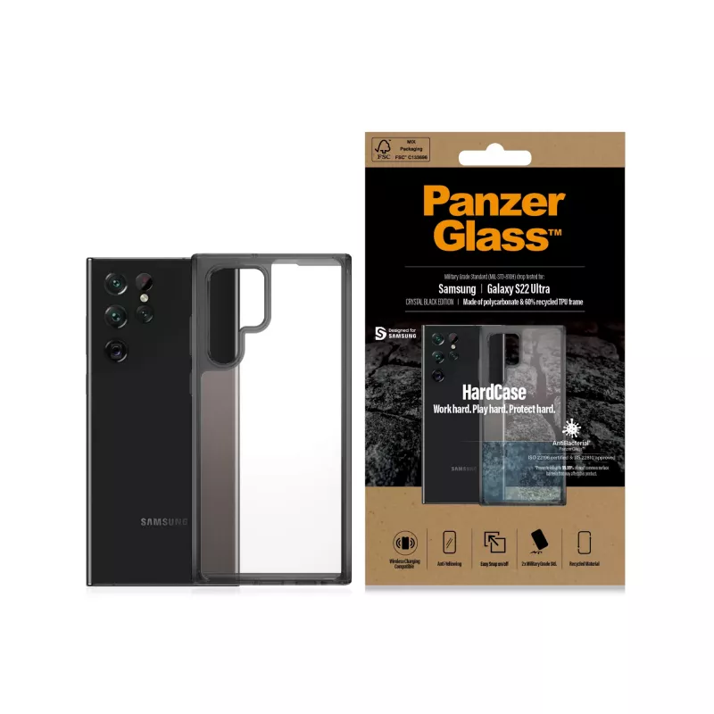 PanzerGlass 0373 HardCase voor Samsung Galaxy S22 Ultra, antibacterieel, Military Grade, transparant