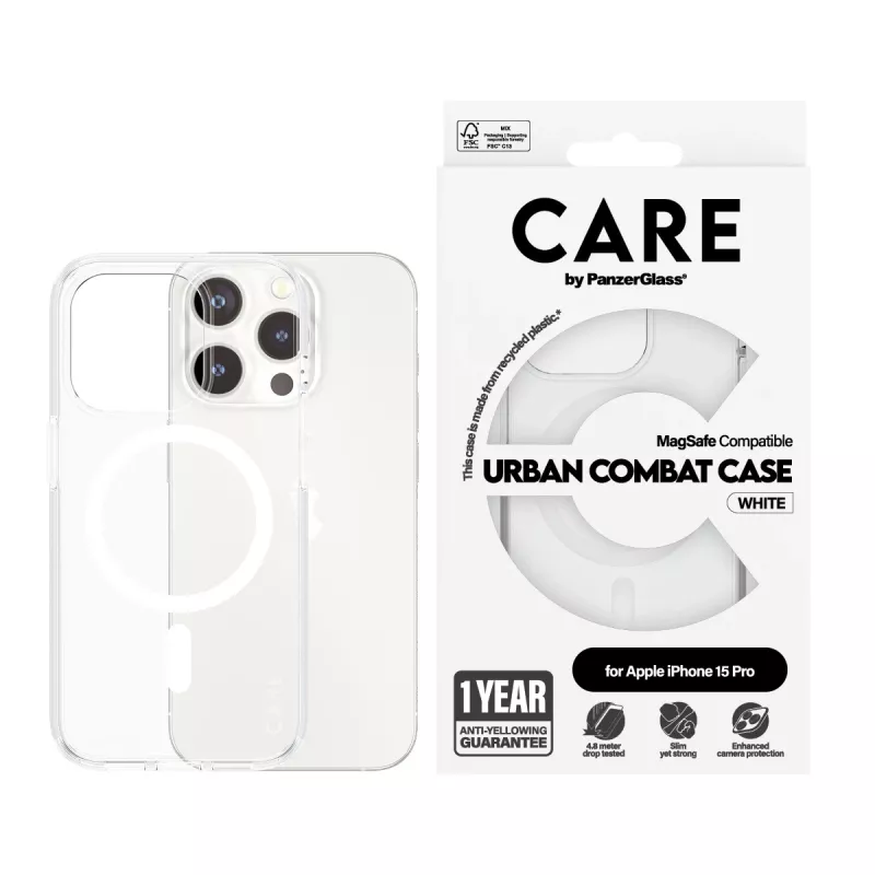 PanzerGlass CARE™ by ® Urban Combat hoesje transparant met witte MagSafe iPhone 15 Pro