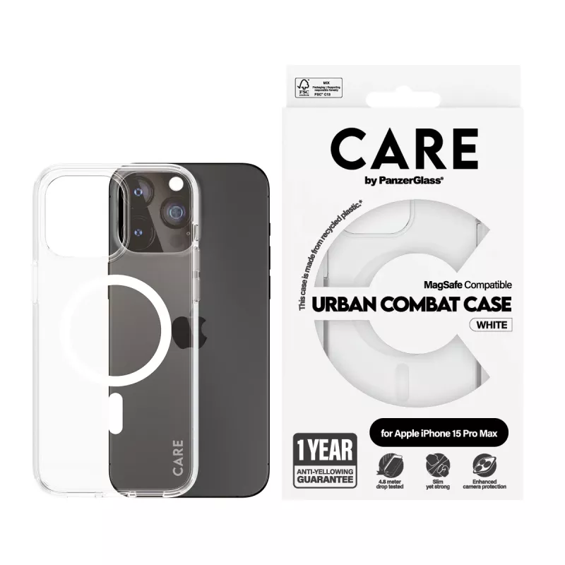 PanzerGlass CARE™ by ® Urban Combat hoesje transparant met witte MagSafe iPhone 15 Pro Max