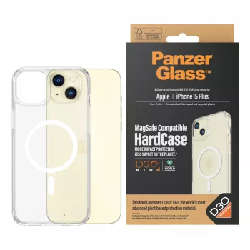 Beschermhoes HardCase MagSafe telefoonhoes PanzerGlass voor iPhone 15 Plus — transparant gerecycled kunststof, geschikt voor 6,69-inch scherm
