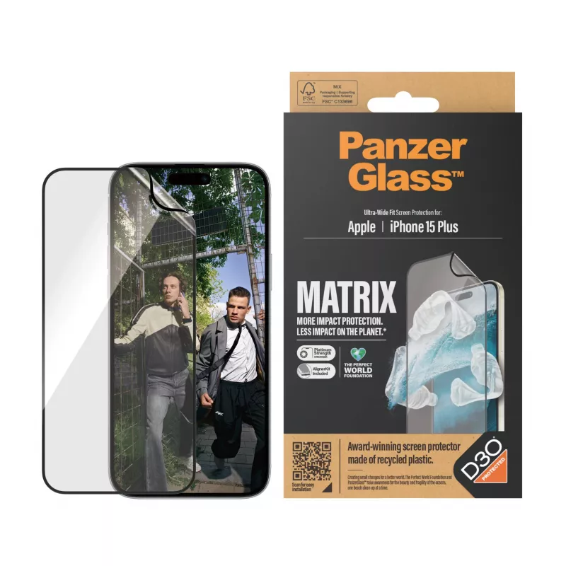 PanzerGlass ® ECO MATRIX displaybeschermfolie met D3O® iPhone 15 Plus | Ultra-Wide Fit met AlignerKit