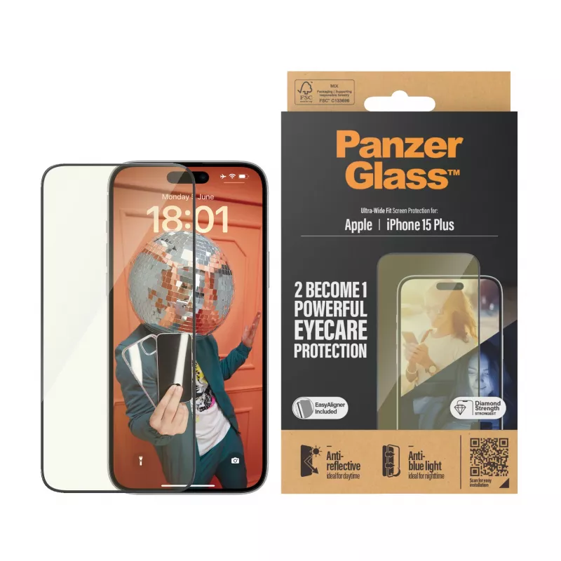 PanzerGlass Eyecare displaybeschermglas voor iPhone 15 Plus — Ultra-Wide Fit, stootvast, droge montage