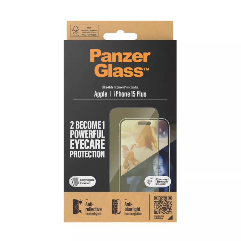 PanzerGlass Eyecare displaybeschermglas voor iPhone 15 Plus — Ultra-Wide Fit, stootvast, droge montage