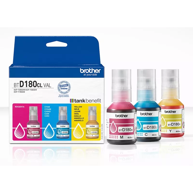 Originele Brother inktflessen BTD180CLVAL 3 stuks cyaan magenta geel