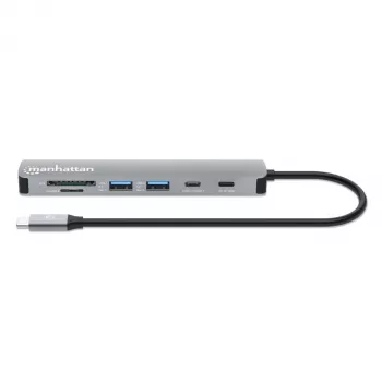 Manhattan USB-C dock/hub met kaartlezer, aansluitingen (x5): HDMI, USB-A (x2) en USB-C (x2), met Power Delivery (PD) 100W – vereist externe USB-C-oplader (niet inbegrepen). USB-gevoed (geen externe voeding nodig) wanneer PD niet wordt gebruikt